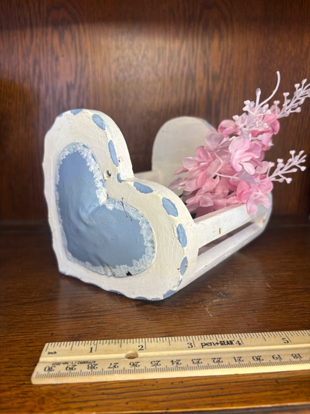 Hand-Painted Wooden Heart Cradle – White & Periwinkle